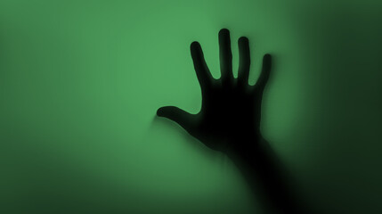 Hand silhouette on green background. Blurred human hand shape out of focus