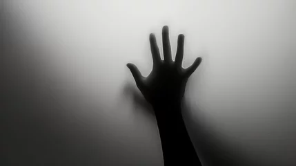 Fotobehang Hand silhouette on grey background. Blurred human hand shape out of focus © Vladimir