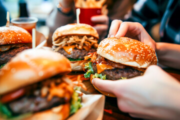 people eating hamburguer in a restaurant - obrazy, fototapety, plakaty