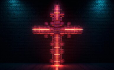Glowing neon cross - crucifix - religious symbol