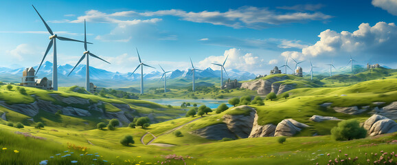 A Painting of a Green Landscape With Windmills