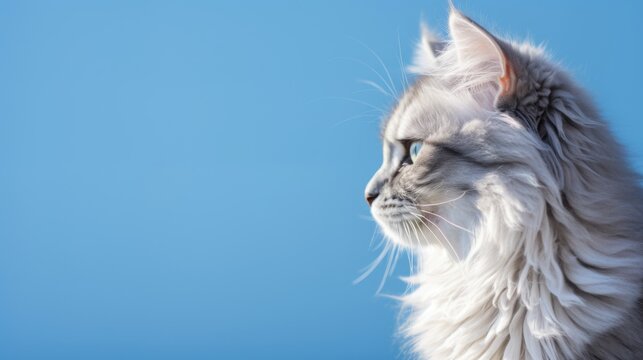 Portrait of elegant grey cat on blue background with copy space