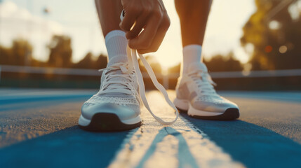 close-up view of a tennis player tying the shoelaces of a white tennis shoe on a blue court - obrazy, fototapety, plakaty