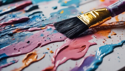 Fototapeta premium Art in Progress: Man Creating Abstract Masterpiece with Brush on Wall