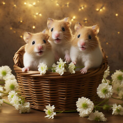 Two cute little hamsters in a basket with flowers on a wooden background