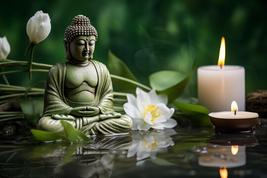 Buddha statue in water and candle
