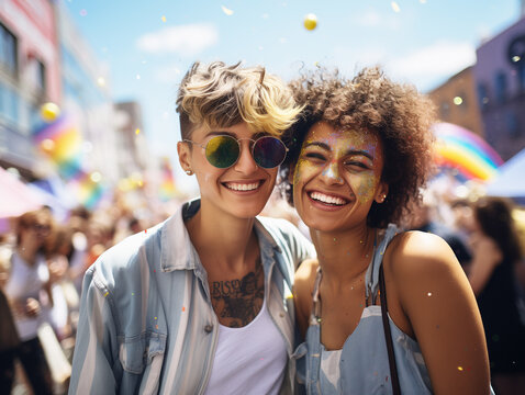 photo of couple at pride parade, stopped posing for camera, celebration of love on a sunny day