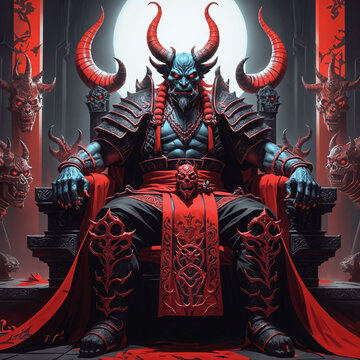 A demon king sits on a throne, surrounded by demon minions. The throne is red and black. ai generative