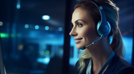 A portrait of a young woman working as a call center operator and managing tasks within the central customer service hub, wearing headphones 