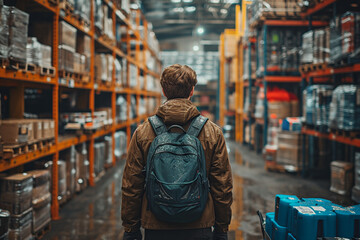 A worker stands in a warehouse.