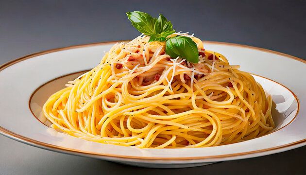 A plate of spaghetti carbonara seen from the side. World day dedicated to the workhorse of beloved Italian cuisine. Made in Italy. Ingredients: bacon, egg yolk, pecorino romano DOP and spaghetti.
