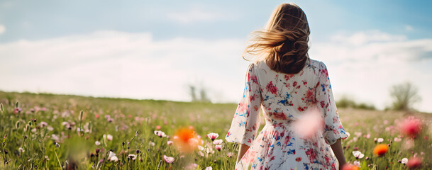 woman seen from behind walking through a spring meadow wearing a dress adorned with flowers