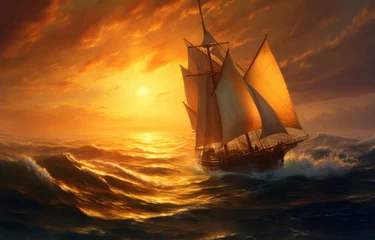 Deurstickers Sunset sailboat on the ocean. © Bulder Creative