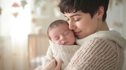 tender moment as a mother lovingly cradles her sleeping baby in a warm, sunlit room.