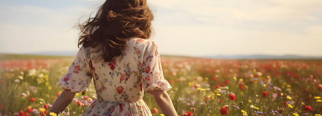 Elegant woman seen from behind walking through a spring meadow wearing a dress adorned with flowers