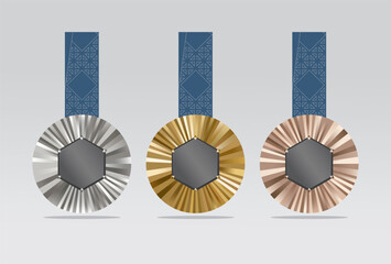 Vector illustration, Set of championship medals, gold, silver and bronze. medal with triangular ribbon pattern design