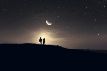 the moon in starry skies with people
