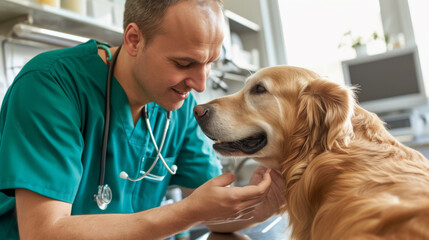smiling veterinary professional in blue scrubs gently examining a happy golden retriever in a clinical setting.