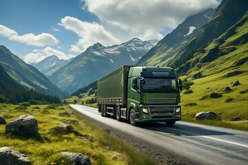 A modern ecological green truck transports on a mountain road.