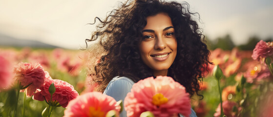 a beautiful latin woman with a smile on her face in a meadow full of flowers enjoying the spring