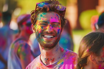 Obraz premium Man in sunglasses at Holi festival with colorful paints. Festival of the color, Phagwah. Happy holiday concept. Creative design for banner, poster 