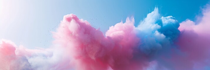 Pink clouds on blue background. Festival of the color, Phagwah, Holi. Happy holiday concept. Creative design for banner, header - obrazy, fototapety, plakaty