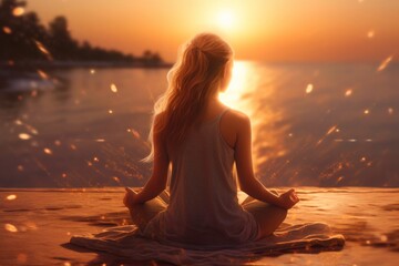 Fototapeta na wymiar young woman sitting on the beach doing meditation