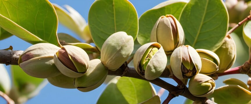 Pistachio Delight Fully Developed Nuts on a Tree against Clear Day Skies