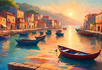 nature  landscape beautiful sunset view of boats Generated with AI.