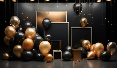 Black and gold balloons on black background with copy space.