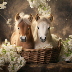 Two horses and a basket of white flowers on a dark background. - obrazy, fototapety, plakaty