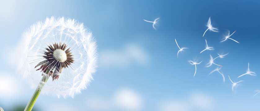 closeup of a dandelion being blown by the wind in spring - blowing ball