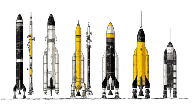 An intriguing watercolor sketch featuring rockets and shells outlined