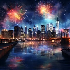 city skyline illuminated by a dazzling fireworks display