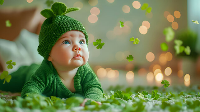 A funny kid in traditional leprechaun attire poses against the foliage of a happy three-leaf clover as part of the celebration of St. Patrick's Day.