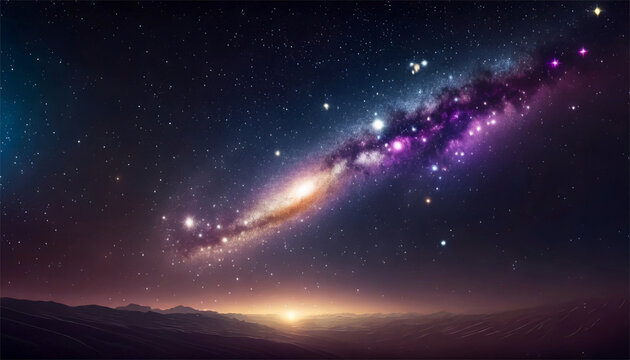 View from planet landscape to galaxy and stars. Universe filled with stars, nebula and galaxy, cosmos