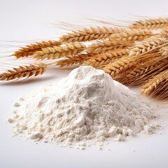 Closeup of wheat flour with wheat ears isolated on white background