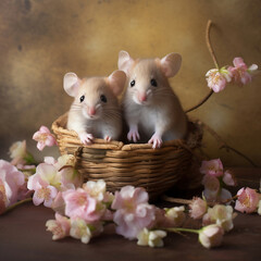 Two cute mouse in a basket with flowers on a wooden background.