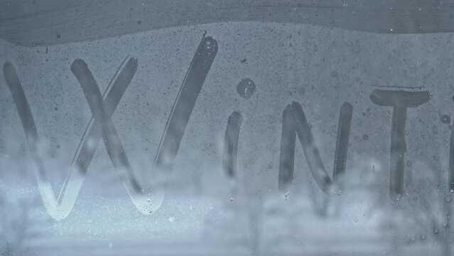 Inscription Winter With A Finger On Frozen Window During Snowstorm. Word Winter Handwritten On Snowfall Background. Winter, Cold, Frosty Weather. Snowy Day And Temperature Outside Is Below Zero.