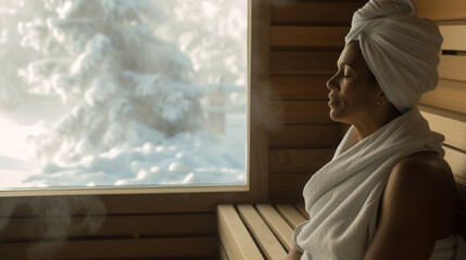 middle-aged woman wrapped in a bathrobe and with a towel on her head is looking out of a window at a snowy landscape, seemingly relaxed and contemplative.