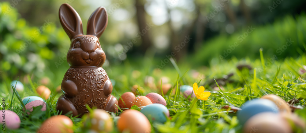 Wall mural a chocolate bunny surrounded by colorful eggs in the grass, symbolizing easter celebration with a fe