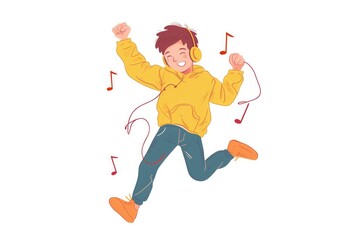 Illustration of Happy boy jumping and listening music. Happy yellow day.