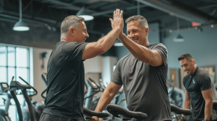 Fototapeta na wymiar two middle-aged men in a gym, giving each other a high five, likely celebrating a fitness achievement or offering mutual support during a workout.