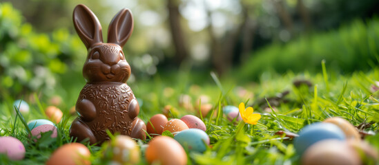 A chocolate bunny surrounded by colorful eggs in the grass, symbolizing Easter celebration with a festive and spring vibe. Ai generative - Powered by Adobe