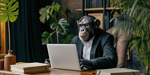 Chimp wearing a suit working on a laptop computer in an office cubicle