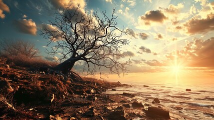 A serene coastal scene during sunset with the sun casting a warm glow over the landscape. The sky is adorned with scattered clouds, allowing sunbeams to escape and illuminate the scene. A leafless tre - obrazy, fototapety, plakaty