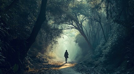 A solitary figure walks away down a forest path dappled with sunlight filtering through a dense canopy of trees. The atmosphere is misty and ethereal, with beams of light casting a mystical glow. The 