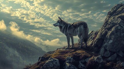 A majestic gray wolf stands on a ridge, overlooking a misty landscape. The wolf is prominently positioned to the right, facing left with its head in profile, displaying its thick fur coat and bushy ta