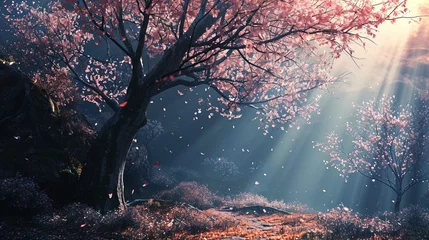 Rollo A serene and picturesque scene featuring cherry blossom trees in full bloom. The setting appears to be early morning with ethereal sunbeams penetrating the mist, casting a soft, magical light througho © Jesse