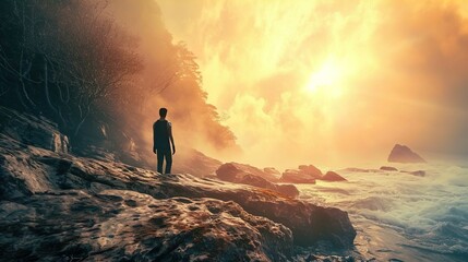 A solitary figure stands on a rugged coastline, facing a dramatic ocean vista. The scene is bathed in a warm, golden light, likely from a setting or rising sun, which casts a hazy glow over the landsc